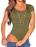 BomDeals Women's Sexy Deep V-neck Lace Up Bandage Tight Bodysuit Jumpsuit Leotard (XXL, Army Green#2)