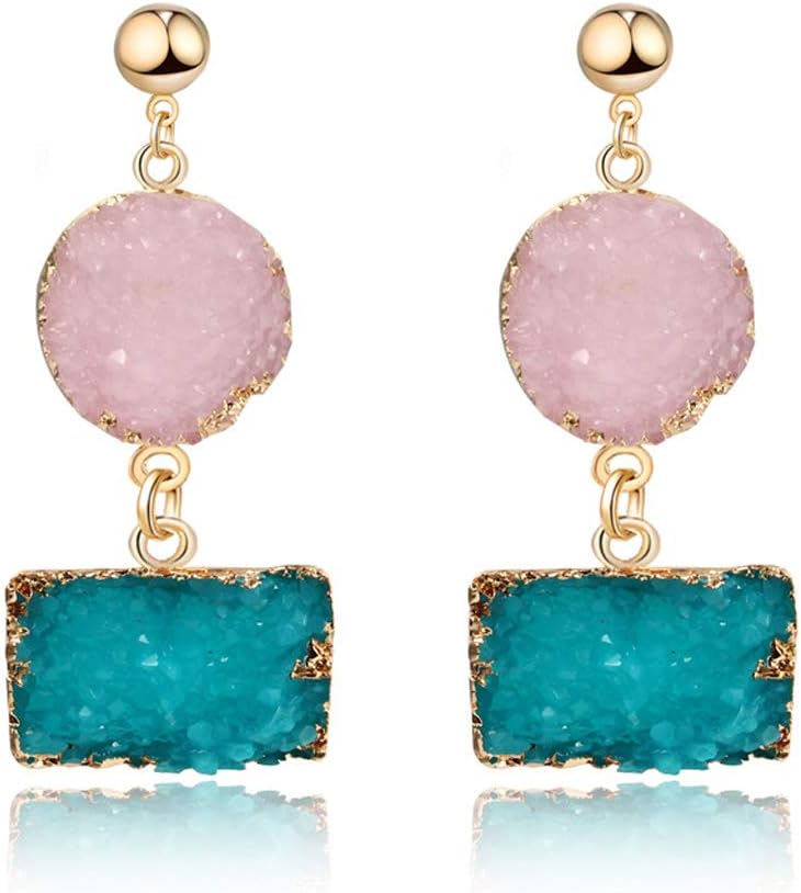 niumanery Colorful Druzy Stone Drop Earrings Natural Quartz Geode Crystal Fashion Jewelry 4#