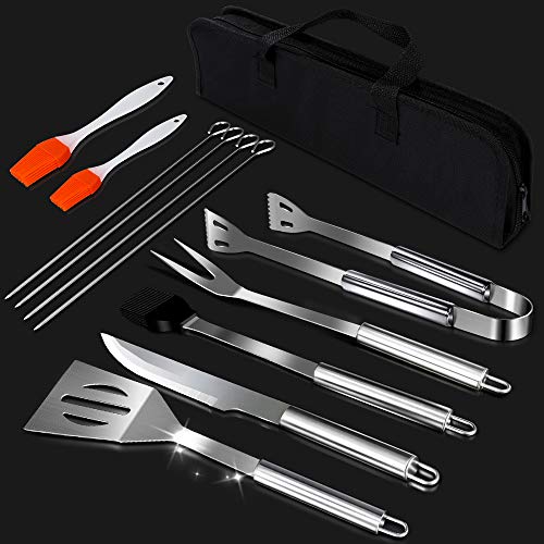 Mastertop 9Pcs Multi Purpose Stainless-Steel BBQ Tools Set With Storage Bag Spatula, Fork, Tongs,Knife, 4 Pcs Skewers,Stainless Steel Basting Brush And 2 Pcs Extra Brush As Gift