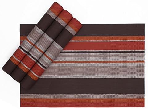Karateemy Placemat PVC Heat Insulation Stain-resistant Washable Striped Table mat for Dining Room Set of 4 Orange