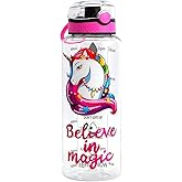 Home Tune 32oz Water Drinking Bottle - Tritan BPA Free, Wide Mouth, Push-Button Flip Lid, Easy Open, Lightweight, Leak-Proof Water Bottle with Foil Print Design for Girls & Boys - Unicorn