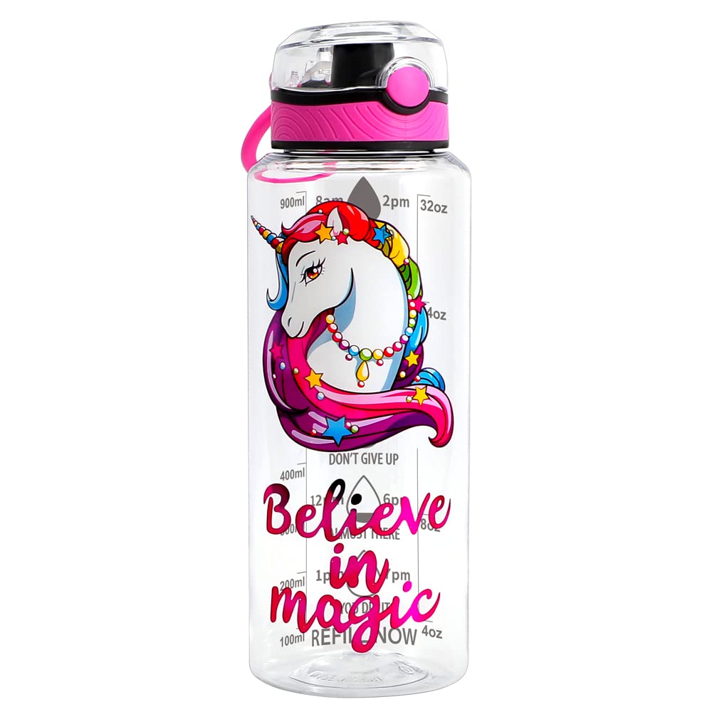 Home Tune Water Drinking Bottle (950ml) - Tritan BPA Free, Wide Mouth, Push-Button Flip Lid, Easy Open, Lightweight, Leak-Proof Water Bottle with Foil Print Design For Girls & Boys - Unicorn
