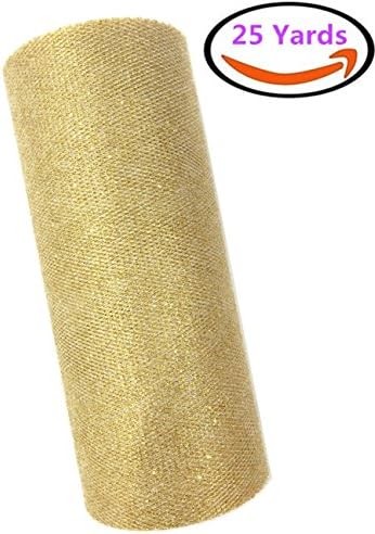 Gold Tulle Roll Sparkling Tulle Craft Ribbon Roll Glitter Tulle Roll Tulle Spool,6-Inch by 25-Yard Spool, Gold