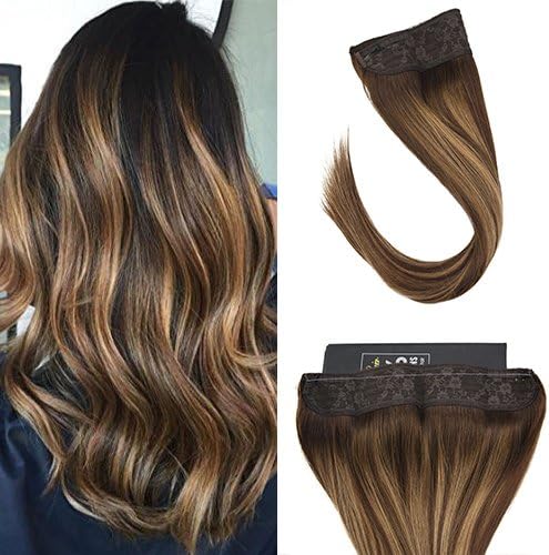 Sunny 18inch Remy Invisible Halo Hair Extensions Dark Brown Fading to Caramel Blonde Balayage Hidden Wire Extensions Human Hair 80g/pack