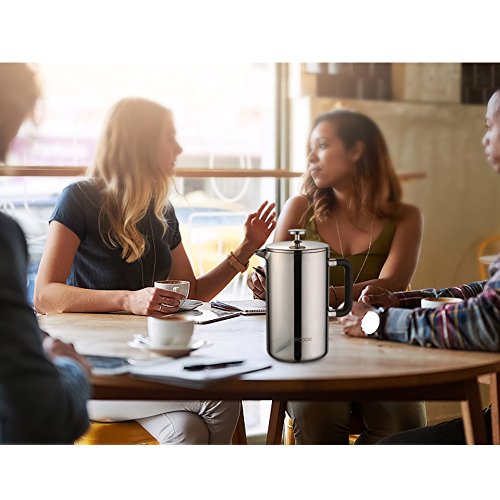 ecooe 1.5L French Press Kaffee Doppelwandiger Kaffeebereiter aus 18/10 Rostenfrei Edelstahl mit 3 Filtern Silber 1500ml – Bild 8