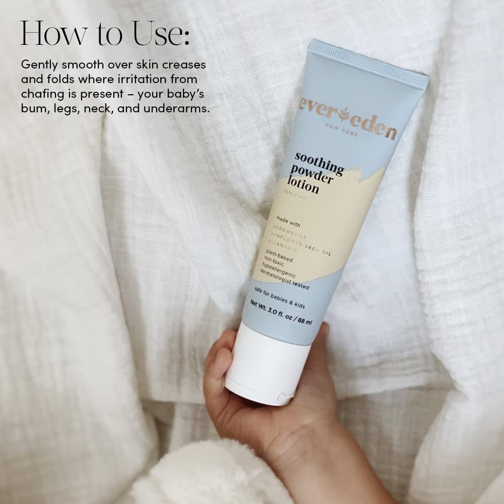 Evereden Soothing Powder Lotion, 3.0 fl oz | Clean and Unscented Baby Diaper Care Cream to Powder | Non-Toxic and Fragrance Free Liquid Baby Powder