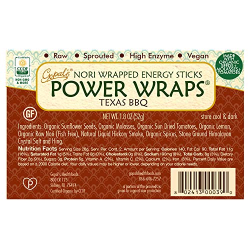 Gopal's Texas BBQ Power Wraps, Vegan and Gluten-Free Nori-Wrapped Energy Snack , Raw and USDA Certified Organic Food Energy Sticks 1.8 Ounces (Pack of 24) - Thumbnail 2