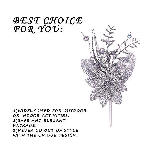 Valery Madelyn 6 Packs Silver Glitter Christmas Decorations with Artificial Christmas Flower and Leaf for Christmas Decoration and Home Decor