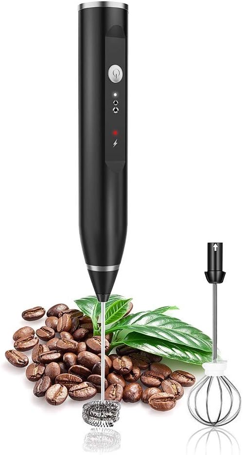 Huaguo9CMS Milk Frothers Rechargeable Electric Handheld with Stainless Steel Whisk, Salt, Black
