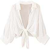 RoseSeek Women's Tie Front Chiffon Blouses Long Lantern Sleeve See Through Dressy Casual Shirts Cardigan