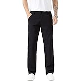 Plaid&Plain Men's Khaki Pants Stretchy Straight Fit with Side Pocket and Elastic Waistband