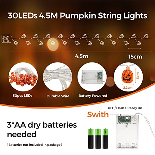 3D Halloween Lichterkette 4.5M 30 LEDs Orange Kürbis Lichterkette Batteriebetrieben LED Wasserdichte Kürbis Lichter Halloween Lichterketten Beleuchtung Dekoration für Weihnachten Party Außen & Innen