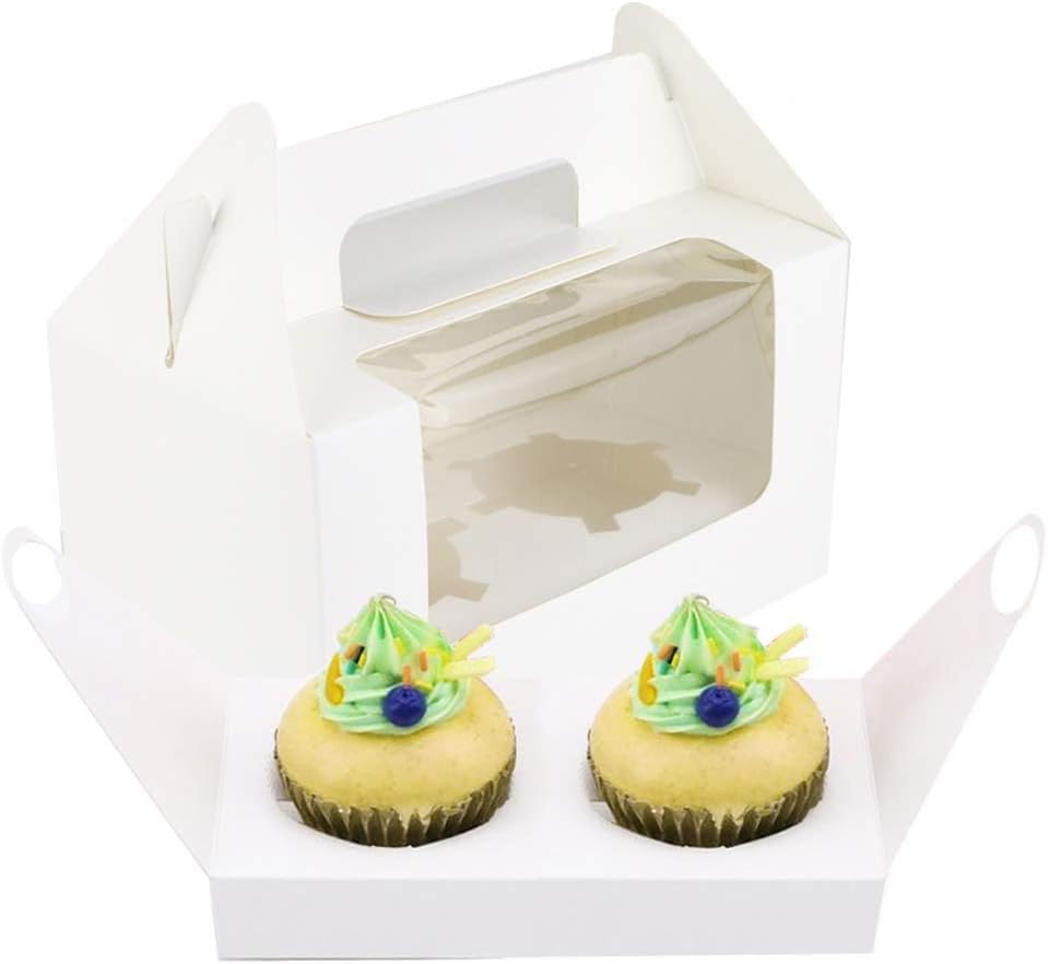 UPlama 40PCS White 2 Holders Cupcake Boxes, Clear Window Inserts Handle Cupcake Muffins Cupcake Carriers Pastry Containers Bakery Wrapping Party Favor Packing For Wedding Cupcake Favor Boxes