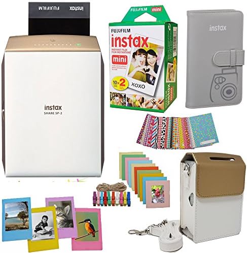 Fujifilm INSTAX SHARE SP-2 Smart Phone Printer (GOLD) + Fuji Instax Film Mini Twin Pack (20PK) + Fuji Photo Album + Accessories Kit / Bundle + Fitted Case + Frames And More