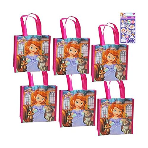 6-Pack Disney Junior Sofia The First Party Supply Reusable Tote Bag Set - 6 Reusable Small Non-Woven Disney Jr. Princess Soifa The First Tote Bags (8 inches x 7.5 inches x 3 inches) PLUS Bonus Princess Sofia Stickers