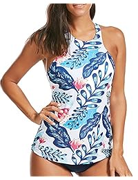 Conjunto de tankini de dos piezas para dama con estampado floral y cuello alto sin espalda, tallas grandes