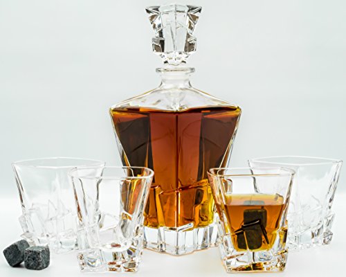 Whiskey Glass Set with Glass Whiskey Decanter - Set of 4 Old Fashioned Glasses with Bonus Granite Whiskey Stones - Great for Scotch and Bourbon - Whiskey Glasses - Perfect Holiday Gift (Cubed)