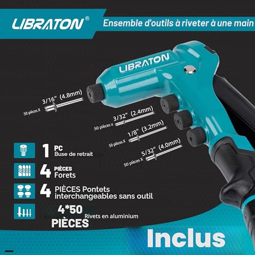 LIBRATON Professional Rivet Pliers, Manual Rivet Pliers, Blind Rivet Pliers, Pop Rivet Gun with 4 Types of HSS Drills and 200 Pieces Rivets 2.4mm 3.2mm 4.8mm