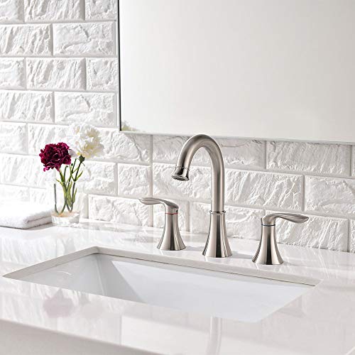 Friho Lead-Free Commercial Two Handle Three-Hole Brushed Nickel Widespread Bathroom Faucet,Bathroom Vanity Sink Faucets with Drain Stopper and Water Hoses