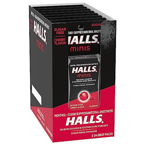 HALLS MINIS CHERRY FLAVOR SUGAR FREE COUGH DROPS, 8 PACKS OF 24 DROPS (192 DROPS TOTAL)