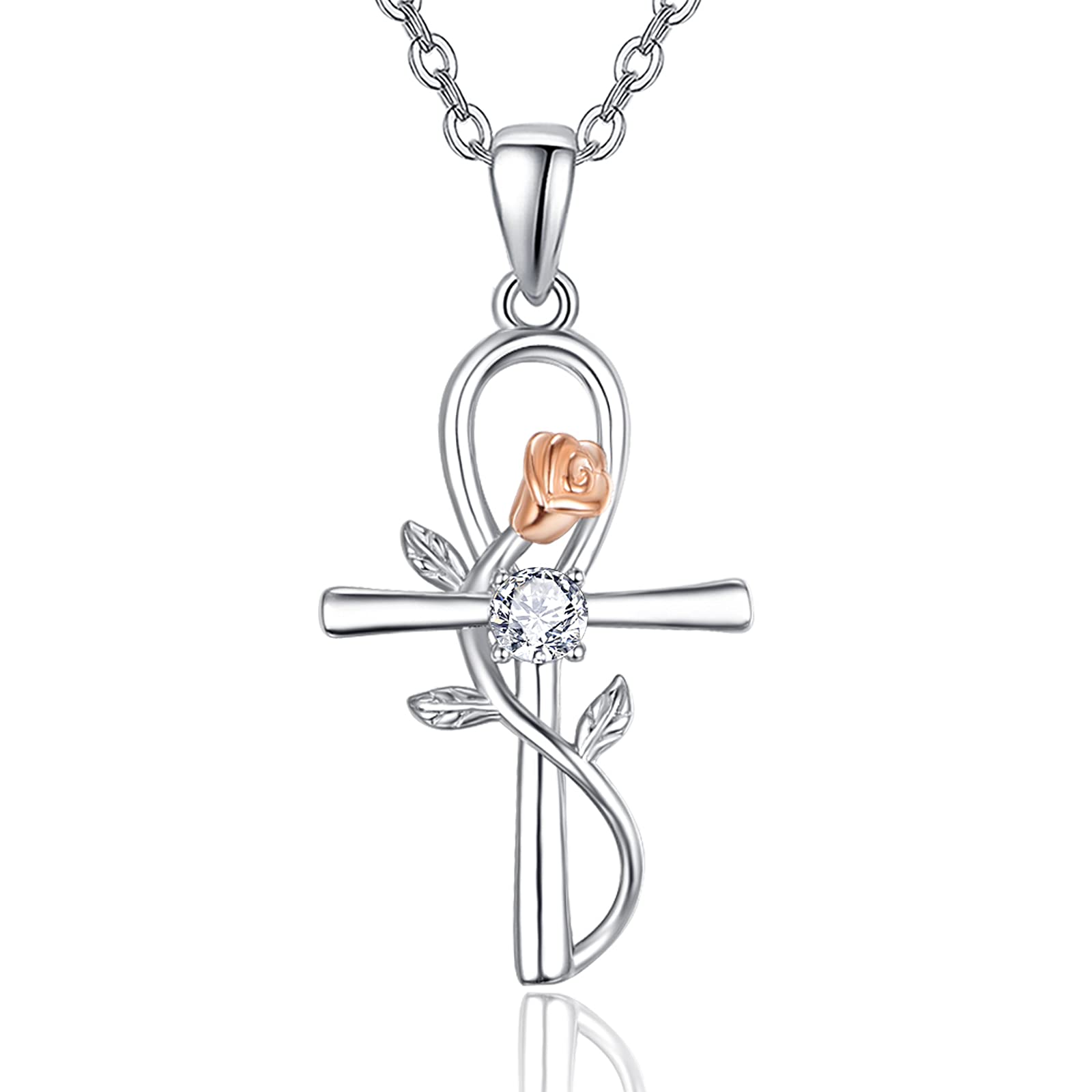 KINGWHYTE Ankh Cross Necklace for Women Sterling Silver Rose Flower Faith Pendant Egyptian Coptic Religious Necklace Mothers Day Jewelry Gifts for Women Girls Friend Girlfriend