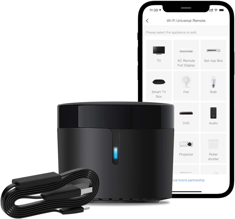 BroadLink RM4 mini Smart Remote and Sensor Cable Set RM4 mini S, Universal IR Remote Control Hub with Temperature Humidity Monitor USB Cable, Compatible with Alexa, Google Home, IFTTT - - 