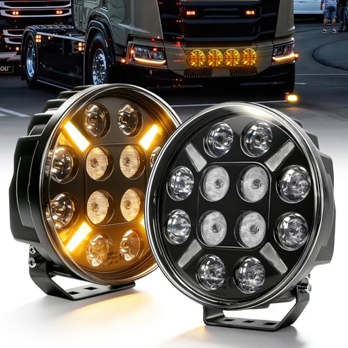 BraveWAY 9 Inch LED Work Light 2 PCS Long Range Led Headlight with Orange/White Flashing Light, 12 V - 24 V, E9 Approved for Car, Truck, Tractor, Front Lights
