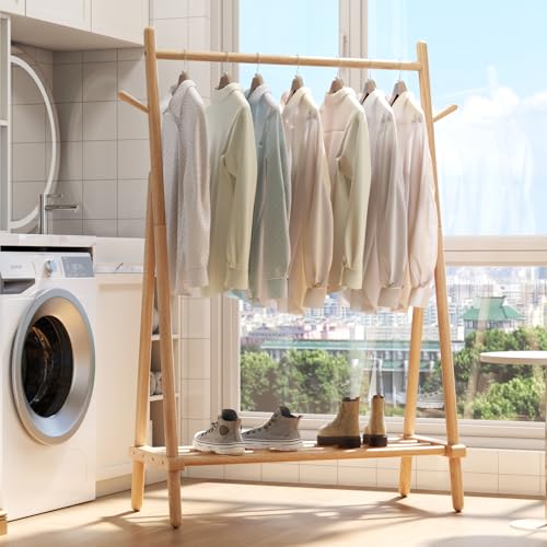 AQIMUELE Wooden Clothes Hanger, Clothes Stand, 46 x 100 x 155 cm, Heavy Duty Easy to Assemble Coat Stand with Shoe Stand (Natural)