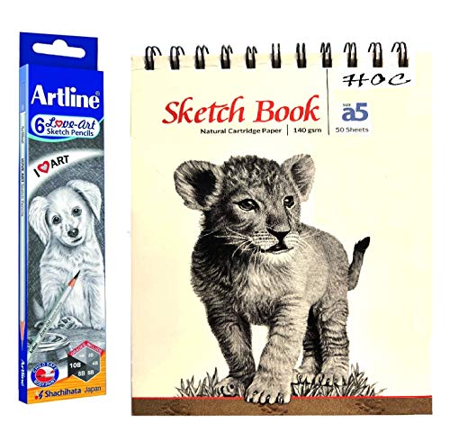 Artline Set of 6 Love-Art Sketch Pencils + A5 Sketch Book of Natural Cartridge Paper (140 GSM) 50 Sheets