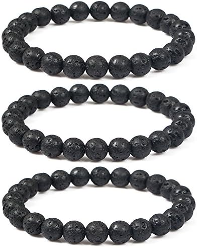 LOLOJ Men Women 7 Chakras Stone Lava Rock Oils Diffuser Bracelets Elastic Yoga Beads Bracelet Bangle (3 Pcs Set-02)