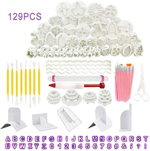 QueenHome Fondant Tools Set Cake Letter Cutters 129 Pcs Cake Decorating Tools Fondant Cutters Tools Rose Flower Alphanumeric Characters Moulds Set for Fondant, Almond Sugar, Syrup Biscuits, Chocolate