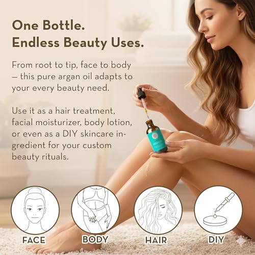 Pure Body Naturals Argan Oil for Skin and Face - 4 fl oz Cold Pressed, Light, Non-Greasy, Nourishing Pure Argan Oil for Hair - Aceite de Argan