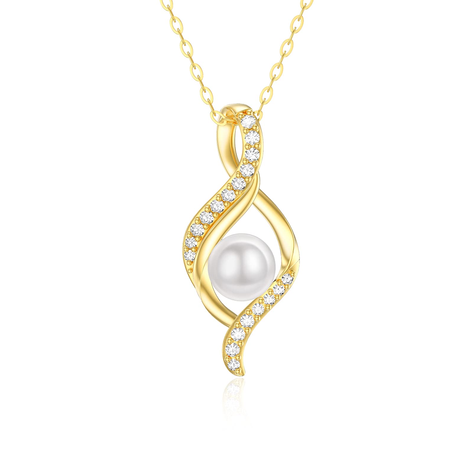 SISGEM 9 ct Gold Pearl Necklace, Solid Yellow Gold 6mm Freshwater Pearl with Infinity Pendant Necklace, for Women Girls Ladies Mum Sisters, 16"+1"+1"