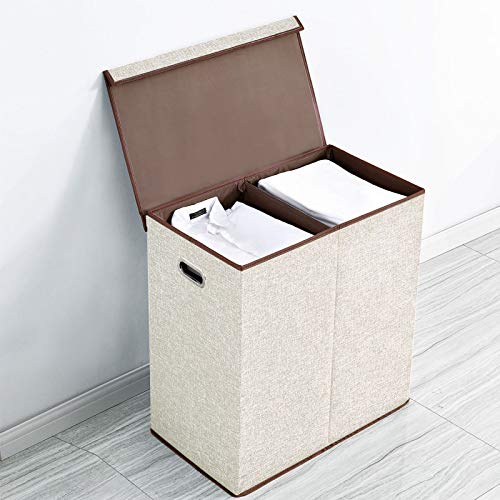 Double Laundry Hamper with Removable Liners and Lid, Collapsible Clothes Basket with