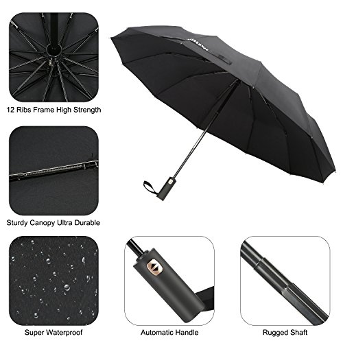 Miserwe Umbrella 12 Ribs with Teflon Coating Umbrella Windproof Lengthened Handle Travel Umbrella with Auto Open Close Button and Free Upscale Leather Cover (Black) - Thumbnail 3