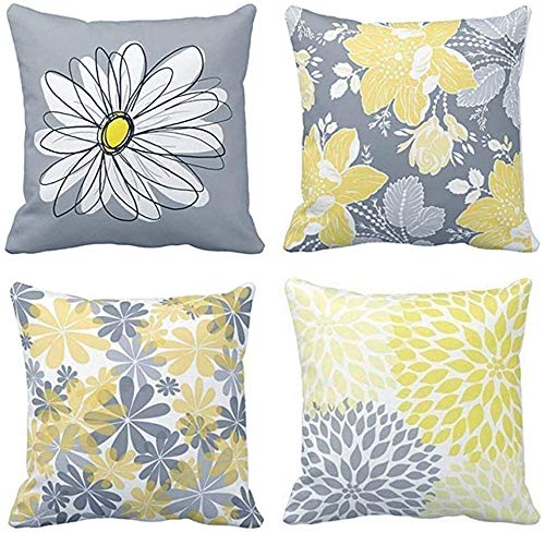 TOMMO Set of 4 Cushion Covers 50x50cm Grey and Yellow Modern Daisy with Pretty White Floral Hand Couch Sofa Decorative Throw Pillow Covers Pillow Cases Cushion Home Decor Square 20x20 Inches