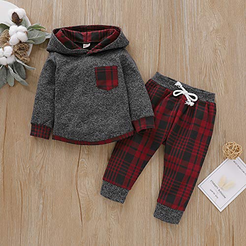 Kids Toddler Infant Baby Boys Girls Fall Outfit Plaid Pocket Hoodie Sweatshirt Jackets Shirt+Pants Winter Clothes Set