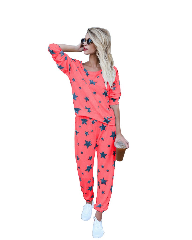 Mycherish Women Round Neck Cotton Flannel Pajamas Two Pieces Set with Star Pattern XX-Large Red