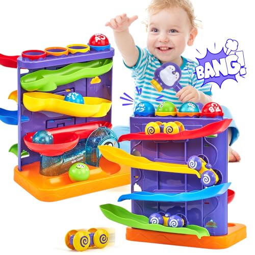 hahaland Children's Games 1 Year Male – Ball Toy 2 in 1 and Ramp for Car Track Educational Toys Montessori with Hammer/4 Balls/4 Cars, Gifts for 1 2 3 Years Old Children