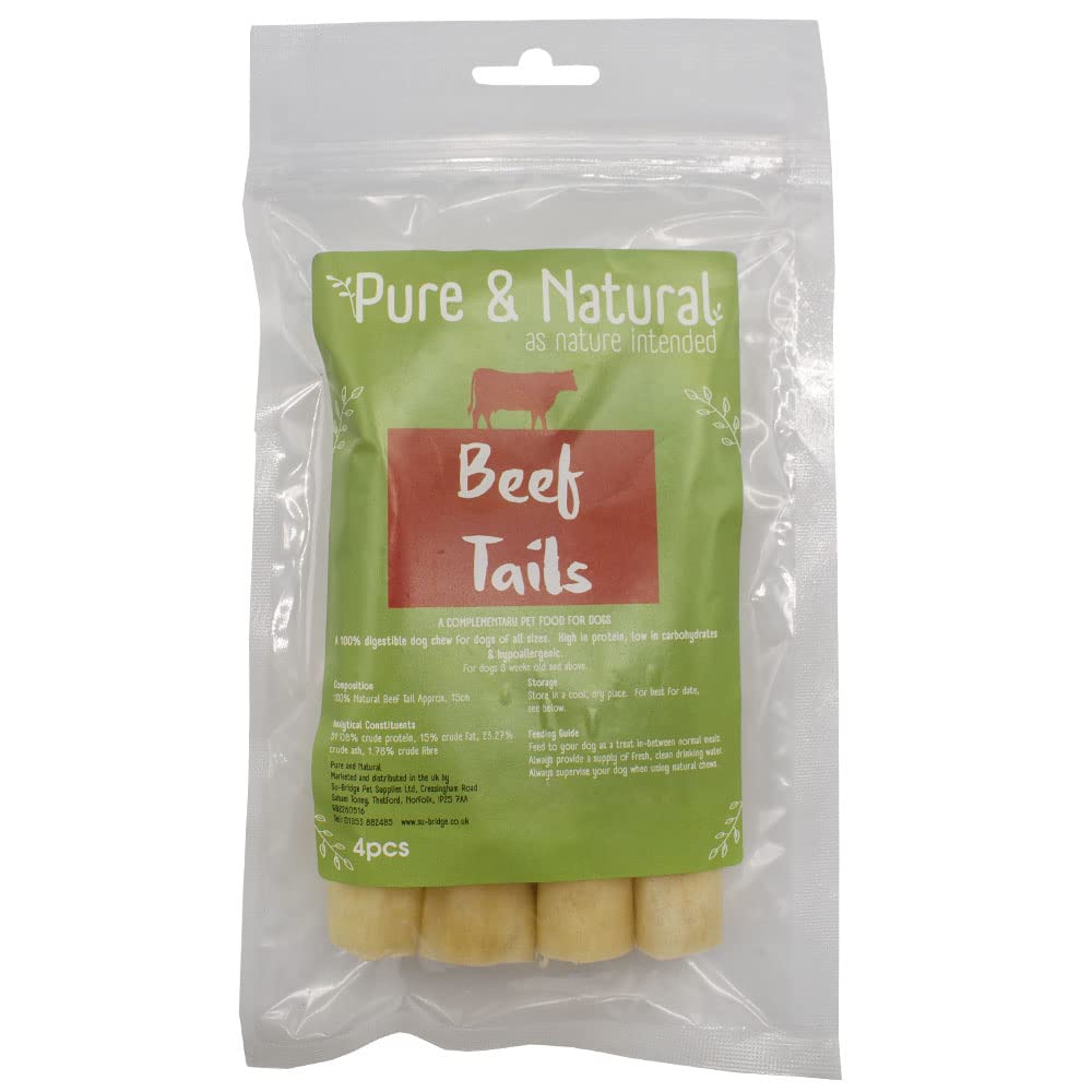 Pure & Natural Beef Tails for Dogs 15cm/6" - 100% Natural Dog Chews Long Lasting for Dental Health & Protein Treats - 4 Pack