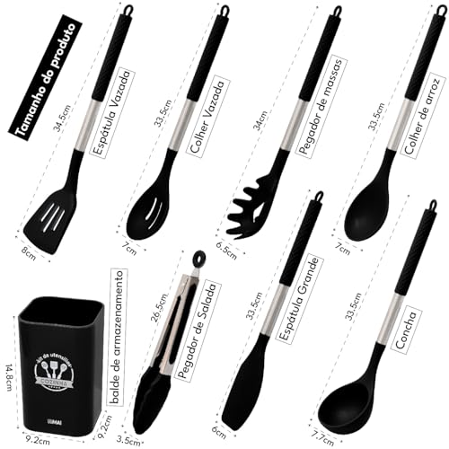 LUMAI Kit 8 Utensílios de Cozinha Grandes em Silicone Preto e Aço Inox, Resistentes ao Calor, Design Antiderrapantes e Antirriscos, Acessórios de Cozinha Espátula, Colher, Pegador, Concha e Balde