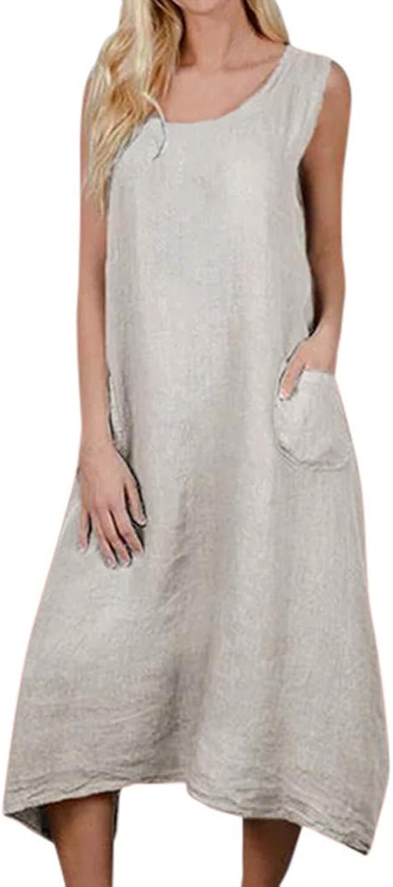 Lauriney Linen Dress Women's Sleeveless Boho Round Caftan Casual Loose