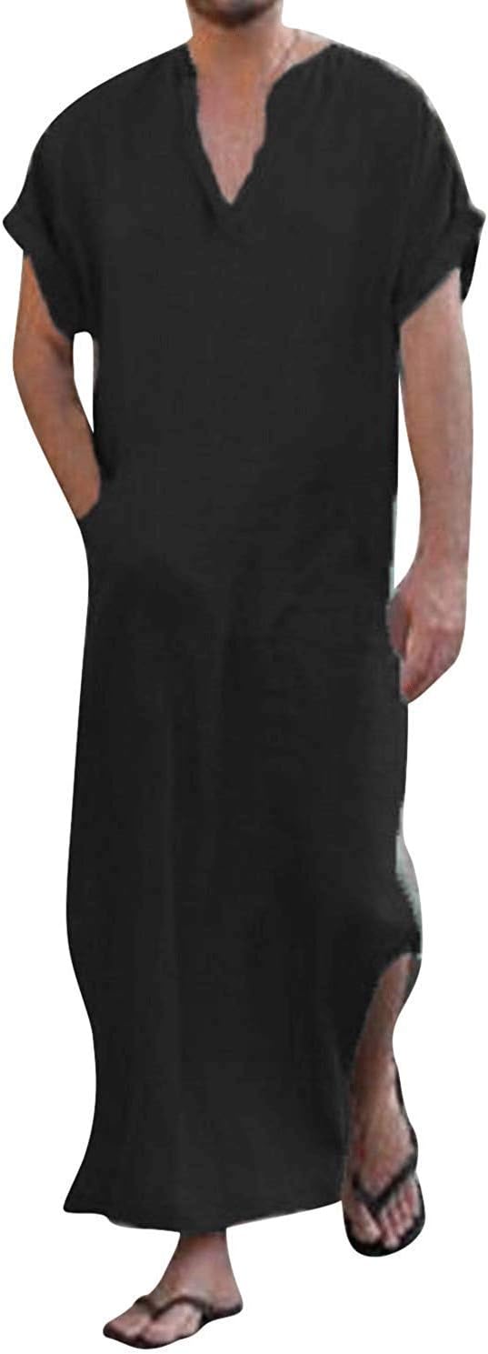 Honiee Men's Caftan V-Neck Short Sleeve Robe Side Split Cotton Long Gown Thobe S-5XL