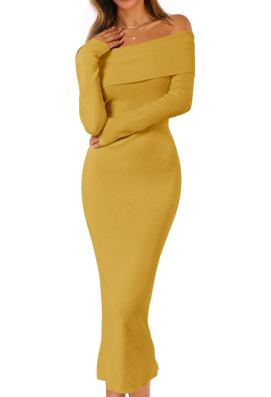 Photo 1 of MEROKEETY Women's Fall Off Shoulder Bodycon Sweater Dress Formal Long Sleeve Elegant Club Party Midi Maxi Dresses, Ginger, Medium