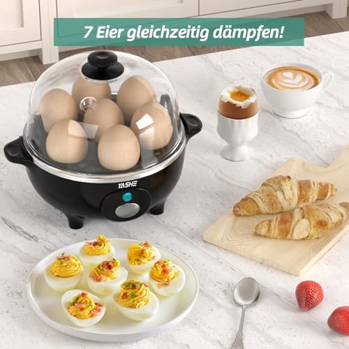 Eierkocher, 360W Kompakter Egg Cooker Multifunktional, 7 Eier leicht zu Pellen, Weich, Mittel, Hart Gekocht, Eierbecher, Omelett-maker, Dampfgarer, Signalton, Kontrollleuchte, BPA-frei