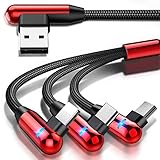 Multi Charging Cable, CAFELE Right Angle 90 Degree 3 in 1 Cable with LED Light Nylon Braided Universal USB Charger Cord with Micro USB/Type C Port Compatible Cell Phones Tablets, etc - Red/4.3ft