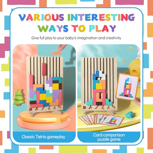 Wooden Puzzle Tetris Montessori Toy from 3 4 5 6 Years - Educational Toy to Promote Concentration & Motor Skills - 3D Logic Puzzle with Geometric Blocks - Gift Children