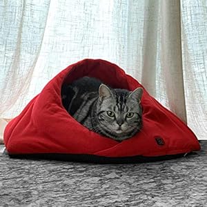 Naconic Electric Heated Cat Bed Cave House Washable Pet Soft Warm Heat Mat for Kitty [RED]