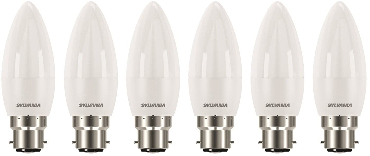 SYLVANIA Candle LED Light Bulbs, Frosted, B22, 8W, 806 Lumens, 60W Equivalent, Warm White 2700K - 6 Pack
