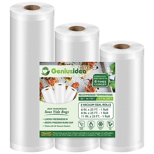 Geniusidea 3 Rolls Vaccum Sealer Bags 6 8 11 in x 25 ft, Food Saver Vacuum Sealer Bags Rolls Fits inside Machine Sac Sous Vide Alimentaire Vacuum Seal Bags for Meal Prep, Food Storage, BPA Free